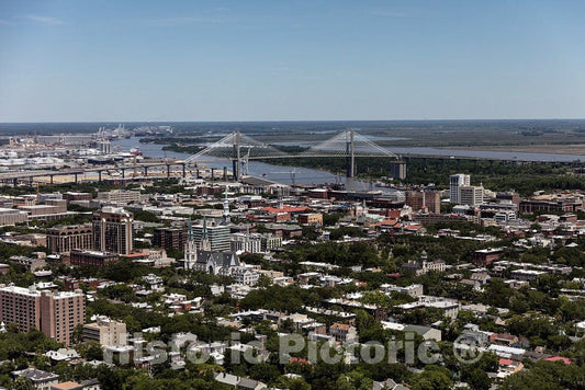 Photo- Aerial View of Savannah, Georgia, with a Focus on The Talmadge Memorial Bridge, Spanning The Savannah River Between Downtown and Hutchinson Island 1 Fine Art Photo