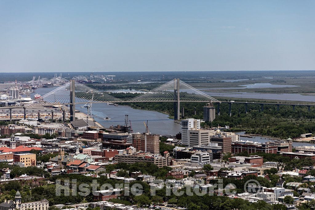 Photo- Aerial View of Savannah, Georgia, with a Focus on The Talmadge Memorial Bridge, Spanning The Savannah River Between Downtown and Hutchinson Island 2 Fine Art Photo