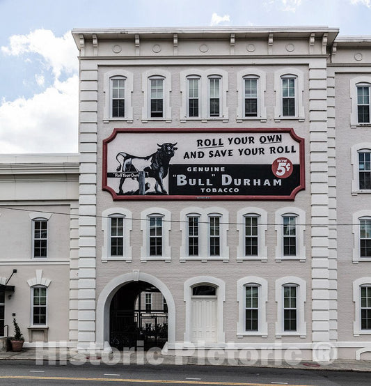 Photo- Building with a Restored Bull Durham Loose-Tobacco Billboard in American Tobacco Neighborhood, Locally Called The American Tobacco Campus, in Durham, North Carolina