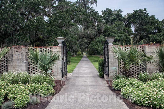 Photo- Gateway at Brookgreen Gardens, a vast complex of sculpture gardens, ecosystem trails, a wildlife preserve and a small zoo on four former rice plantations in Murrells Inlet
