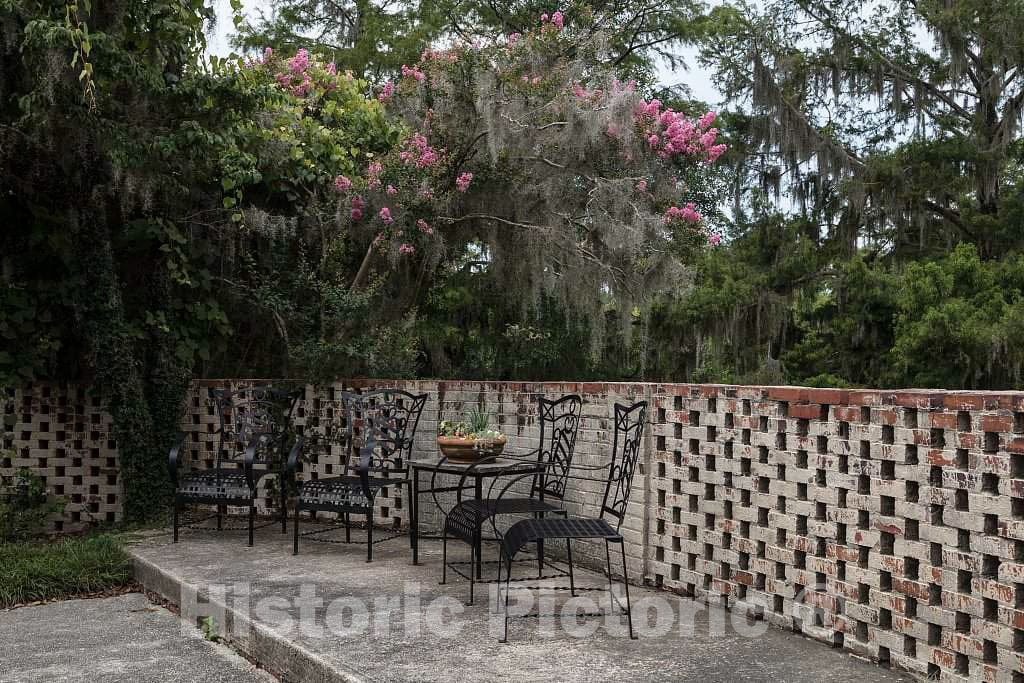 Photo- Patio at Brookgreen Gardens, a vast Complex of Sculpture Gardens, Ecosystem Trails, a Wildlife Preserve and a Small Zoo on Four Former Rice plantations in Murrells Inlet