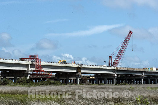 Photo- Bridge building equipment completing a second span over the Oregon Inlet between Bodie Island and Pea Island in North Carolina's Outer Banks 1 Fine Art Photo Reproduction