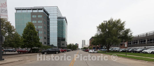 Photo - Street view; parking garage at right. U.S. Courthouse and Federal Building, Cedar Rapids, Iowa- Fine Art Photo Reporduction