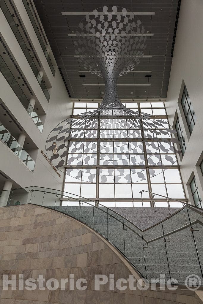 Photo - Staircase and Hanging Sculpture in Lobby. U.S. Courthouse and Federal Building, Cedar Rapids, Iowa- Fine Art Photo Reporduction