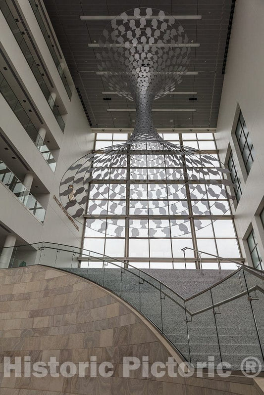 Photo - Staircase and Hanging Sculpture in Lobby. U.S. Courthouse and Federal Building, Cedar Rapids, Iowa- Fine Art Photo Reporduction