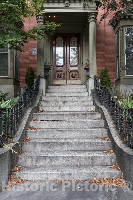 Photo - Stairway to an Elegant Home in Downtown Portland, Maine. Note The Carved Faces on The Front Door- Fine Art Photo Reporduction
