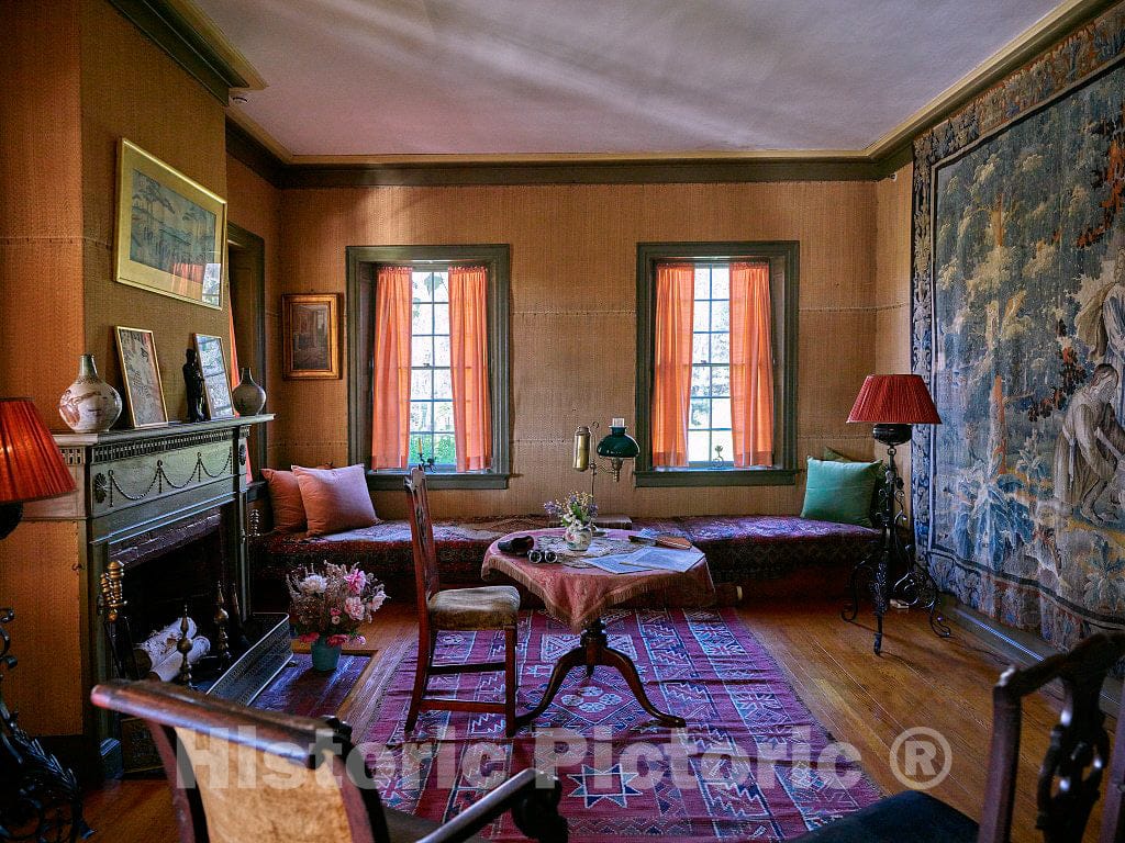 Photo- Living room at Aspect, the estate of Augustus Saint-Gaudens, one of America's greatest sculptors, now the Saint-Gaudens National Historic Site in Cornish, New Hampshire
