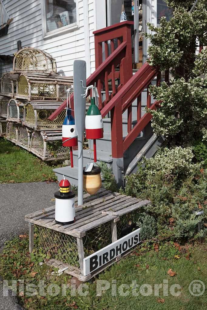 Photo - Buoys Turned into birdhouses Outside The Palabra, a Gift Shop in The Fishing and lobstering Port of Boothbay Harbor, Maine- Fine Art Photo Reporduction