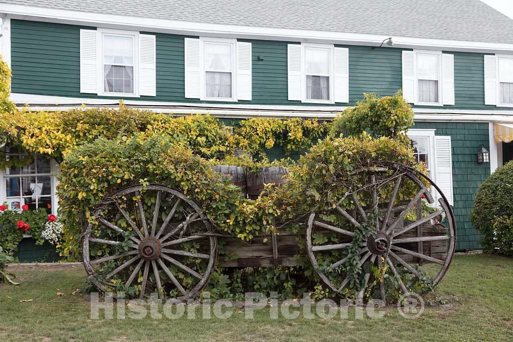Photo - Old, Decorative Wagon in The Garden of The Chowder House Boat Bar in The Fishing and lobstering Port of Boothbay Harbor, Maine- Fine Art Photo Reporduction