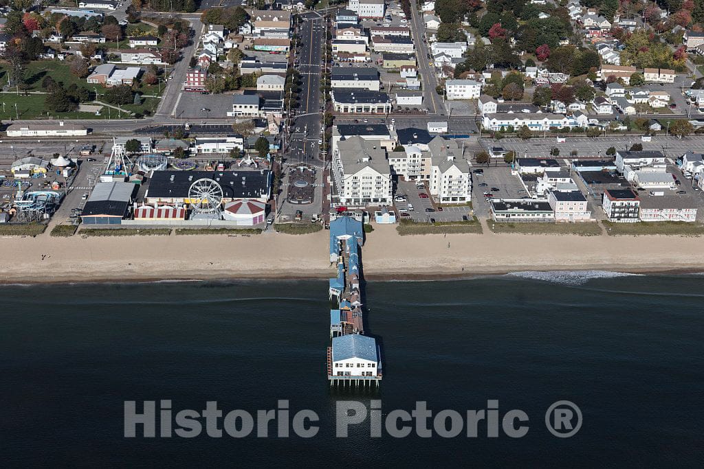 Photo - An October 2017 aerial view of Old Orchard Beach and its amusement park and lengthy pier on the southern Maine coast along the Atlantic Ocean- Fine Art Photo Reporduction