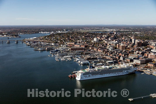 Photograph - October 2017 aerial view of Portland, Maine, and its harbor. Note the giant cruise ship in port; these vessels typically head north in temperate months, toward and into Canada 1