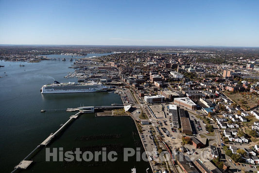 Photograph - October 2017 aerial view of Portland, Maine, and its harbor. Note the giant cruise ship in port; these vessels typically head north in temperate months, toward and into Canada 2