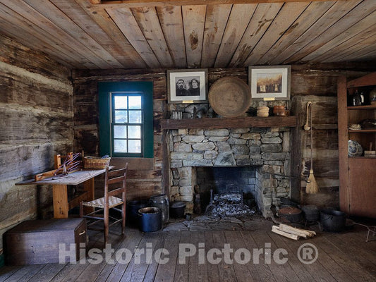 Photo- Carefully reconstructed and reimagined Interior of one of Several Rustic, one-Room Cabins at The Hickory Ridge Living History Museum in Boone, North Carolina 2