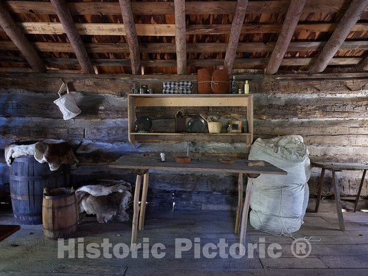 Photo- Carefully reconstructed and reimagined Interior of one of Several Rustic, one-Room Cabins at The Hickory Ridge Living History Museum in Boone, North Carolina 4
