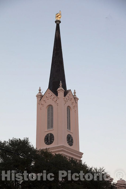 Photo - Steeple of The First Presbyterian Church in Port Gibson, Mississippi. Rather Than The Traditional Cross, a Golden Finger Pointed Toward Heaven Tops This Steeple