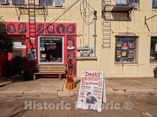 Photo - Sign for, and window of, Deak's Mississippi Saxophone Emporium in downtown Clarksdale, Mississippi- Fine Art Photo Reporduction