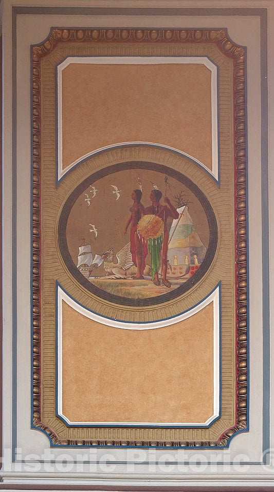 Photo- Depiction of American Indians on one of Four Medallions Dedicated to Mississippi History Painted Inside The Central Dome of The Mississippi State Capitol in Jackson in 1935