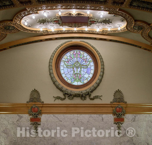 Photo - Stained-Glass Window and Architectural Details at The top of Grand Staircase at The Mississippi State Capitol in Jackson- Fine Art Photo Reporduction
