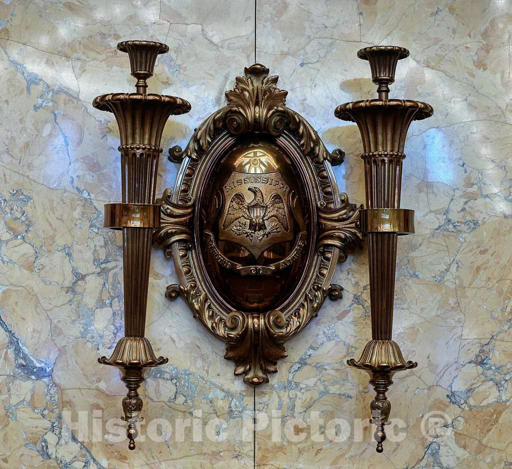 Photo - Fixture That Includes State Seal Behind The Speaker's Chair in House of Representatives Chamber of The Mississippi State Capitol in Jackson- Fine Art Photo Reporduction