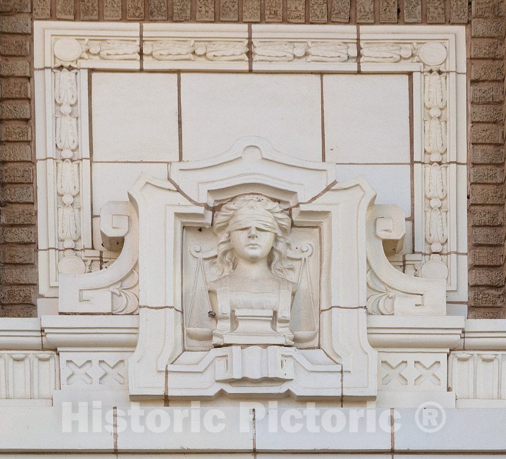 Photo - Detail symbolizing blind justice on the Pontotoc County Courthouse in Pontotoc, Mississippi- Fine Art Photo Reporduction
