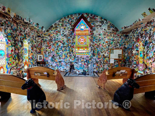 Photo- Hundreds of messages from dog owners and dog lovers are tacked to the walls at the Dog Chapel, indeed, a quite serious chapel devoted to departed and/or beloved canine pets