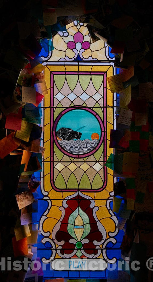Photo- Each Dog-Themed Stained-Glass Window has a Theme (See its Title) at The Dog Chapel, Indeed, a Quite serious Chapel Devoted to Departed and/or Beloved Canine Pets 2