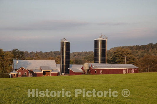 Photo - Large, modern dairy barn complex, including two metal silos, near St. Johnsbury, Vermont- Fine Art Photo Reporduction