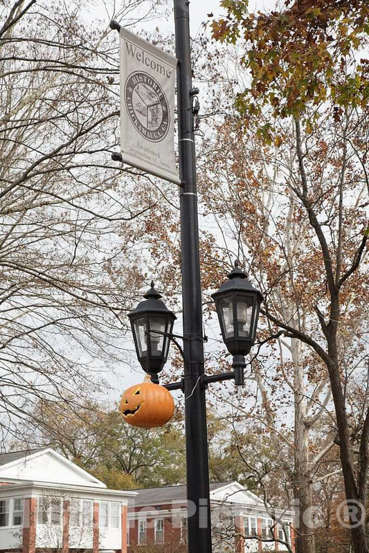 Photo - One of Many Carved-Pumpkin Decorations, Hung on lamp Posts for The Halloween Holiday Season, in Chickamauga, Georgia- Fine Art Photo Reporduction