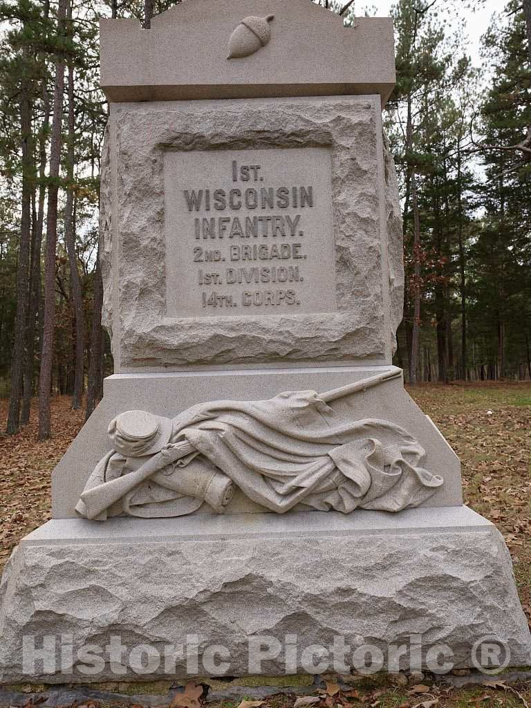 Photograph- A portion of the 1st Wisconsin Volunteer Infantry Regiment monument, including an unusual acorn symbol, at the Chickamauga portion of the Chickamauga & Chattanooga National Mil