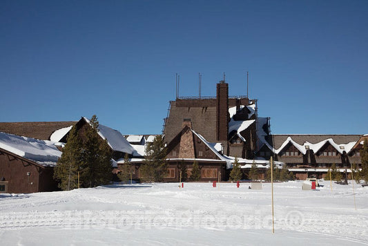 Photo- Winter at the Old Faithful Inn in Yellowstone National Park in the northwest corner of Wyoming. (Small additional park acreage also spills into neighboring Idaho and Montana