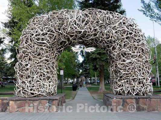 Photo- One of four elk antler arches, one on each side of Memorial Park, in Jackson Hole, Wyoming. They are not original, as earlier versions deteriorated and were replaced over time