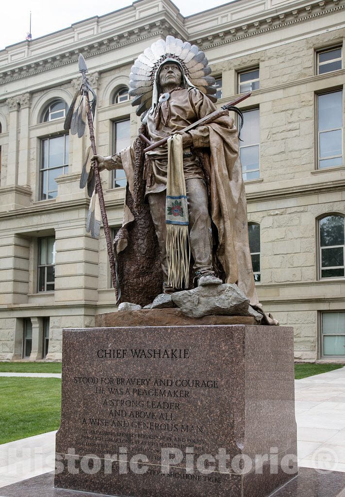 Photo - Sculptor Pershing Geiger's statue of the renowned Eastern Shoshone warrior Chief Washakie in downtown Cheyenne, Wyoming's capital city- Fine Art Photo Reporduction
