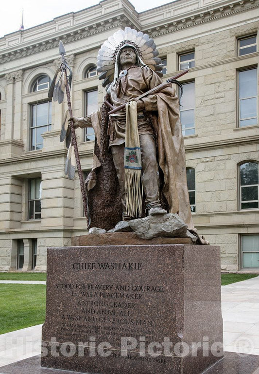 Photo - Sculptor Pershing Geiger's statue of the renowned Eastern Shoshone warrior Chief Washakie in downtown Cheyenne, Wyoming's capital city- Fine Art Photo Reporduction