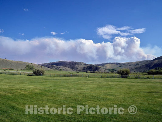 Photo - Low mountains rise in the distance at the A Bar A guest ranch, near Riverside in Carbon County, Wyoming- Fine Art Photo Reporduction