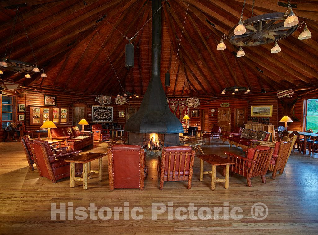 Photograph- The Round Room is the focal point for socializing and cowboy-music singalongs at the A Bar A guest ranch, near Riverside, Wyoming. The room is filled with creations by Thomas C