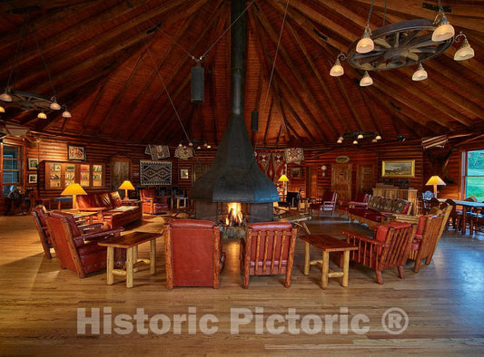 Photograph- The Round Room is the focal point for socializing and cowboy-music singalongs at the A Bar A guest ranch, near Riverside, Wyoming. The room is filled with creations by Thomas C