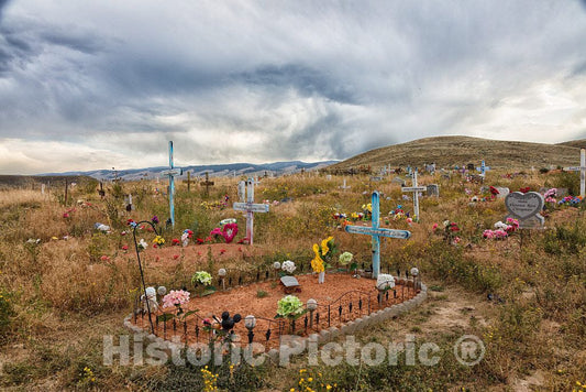Photo- The humble, artistic rather than grand and manicured, Shoshone Tribal Cemetery spreads across the undulating prairie outside the town of Fort Washakie, Wyoming 4