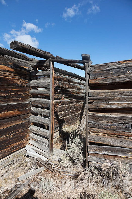 Photo - Corner of an old, now roofless, cabin at the Big Creek cattle ranch, a large spread on the Colorado border near Riverside in Carbon County, Wyoming