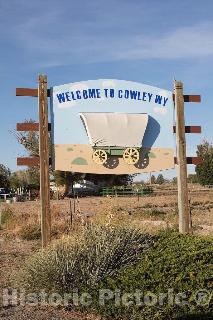 Photo - Welcome Sign Featuring a Covered Wagon in Cowley- Fine Art Photo Reporduction