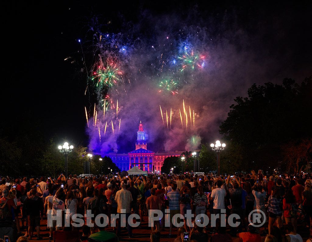 Photo- Fourth of July, or American Independence Day, Fireworks Light up The Sky Over Denver, Colorado's, Downtown Civic Center 1 Fine Art Photo Reproduction