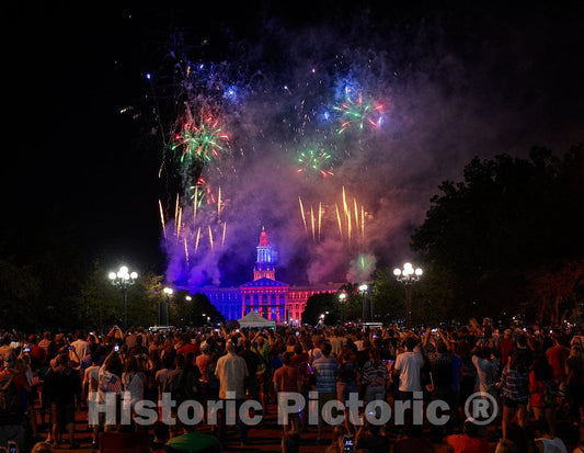 Photo- Fourth of July, or American Independence Day, Fireworks Light up The Sky Over Denver, Colorado's, Downtown Civic Center 1 Fine Art Photo Reproduction
