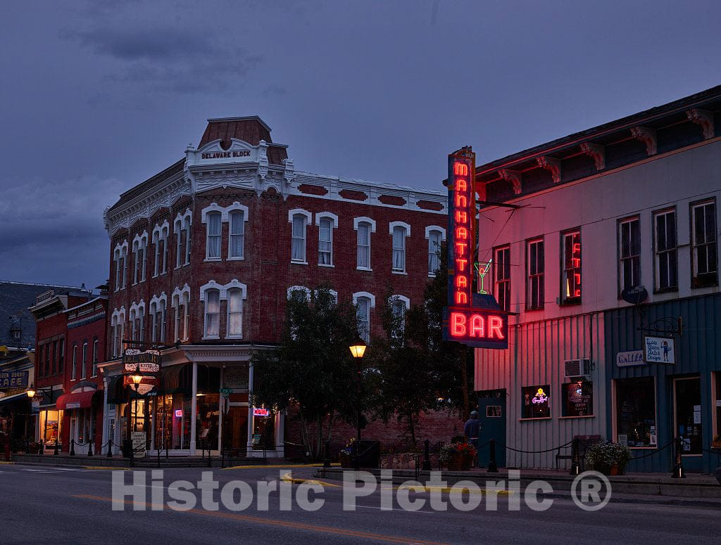 Photo - Dusk in Leadville, high in Colorado's Rocky Mountains. The Lights on This and Other taverns in Town Waste no time Coming Alive in Color- Fine Art Photo Reporduction