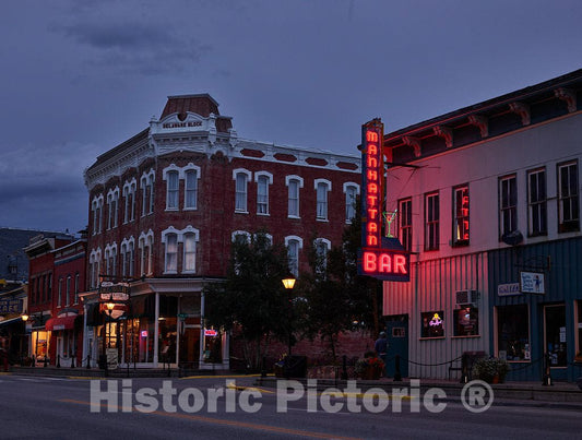 Photo - Dusk in Leadville, high in Colorado's Rocky Mountains. The Lights on This and Other taverns in Town Waste no time Coming Alive in Color- Fine Art Photo Reporduction