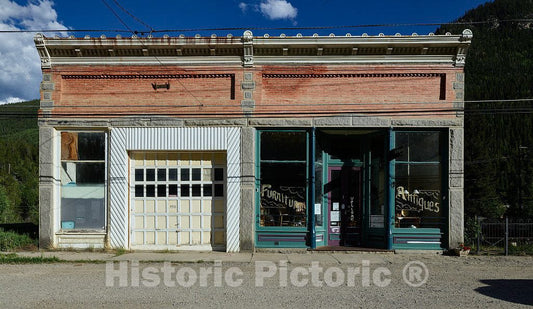 Photo- Old antiques and collectibles store in Silver Plume, Colorado, an old mining town at one end of Georgetown Loop steam railroad from the town of Georgetown, just 2.5 miles away