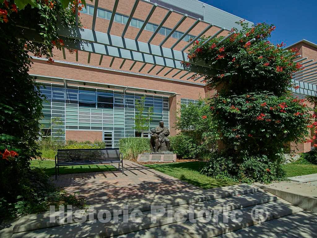 Photograph- A gift from Rotary International, artist Glenna Goodacre's 1991 sculpture"PolioPlus," outside Education Building 1 at the University of Colorado Anschutz Medical Center Campus in