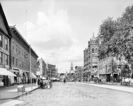 Historic Black & White Photo - Nashua, New Hampshire - Looking Down Main Street, Nashua, c1908 -