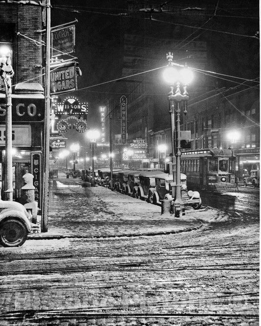 Historic Black & White Photo - Syracuse, New York - Snowy Night on S. Salina Street, c1928 -