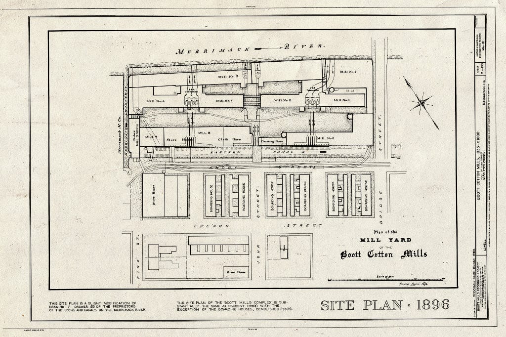 Blueprint Site Plan, 1896 - Boott Cotton Mills, John Street at Merrimack River, Lowell, Middlesex County, MA