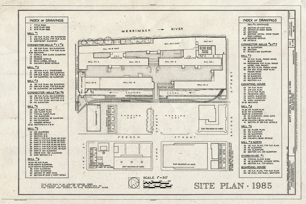 Blueprint Site Plan, 1985 - Boott Cotton Mills, John Street at Merrimack River, Lowell, Middlesex County, MA