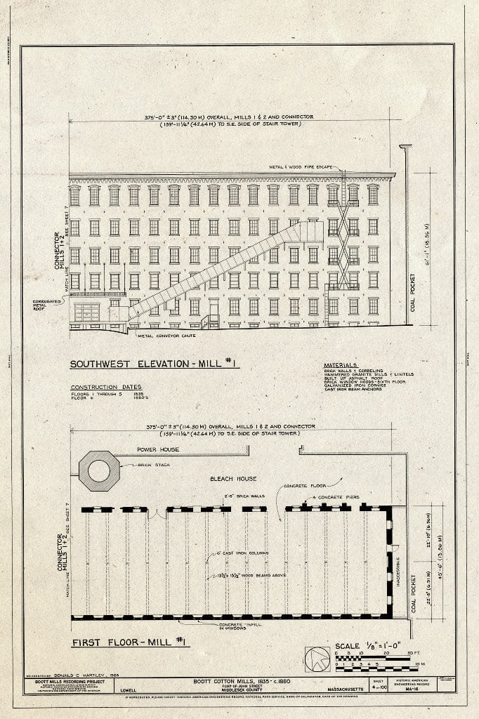 Blueprint Southwest Elevation - Mill #1, First Floor - Mill #1 - Boott Cotton Mills, John Street at Merrimack River, Lowell, Middlesex County, MA
